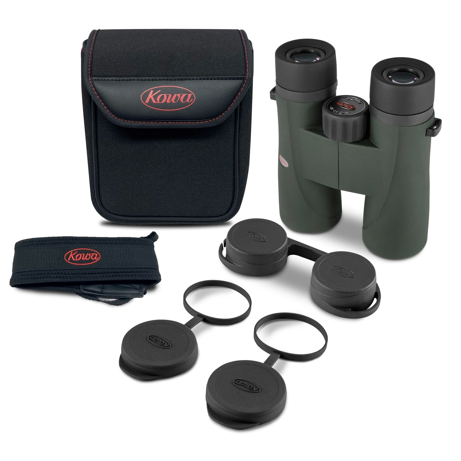 Kowa SV III binoculars with the supplied case, padded strap, objective covers and eyepiece rainguard